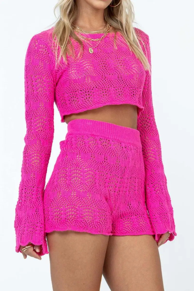 KATCH ME Fushcia Knitted Crop Top & Crochet Shorts Co-ord Co-ord 