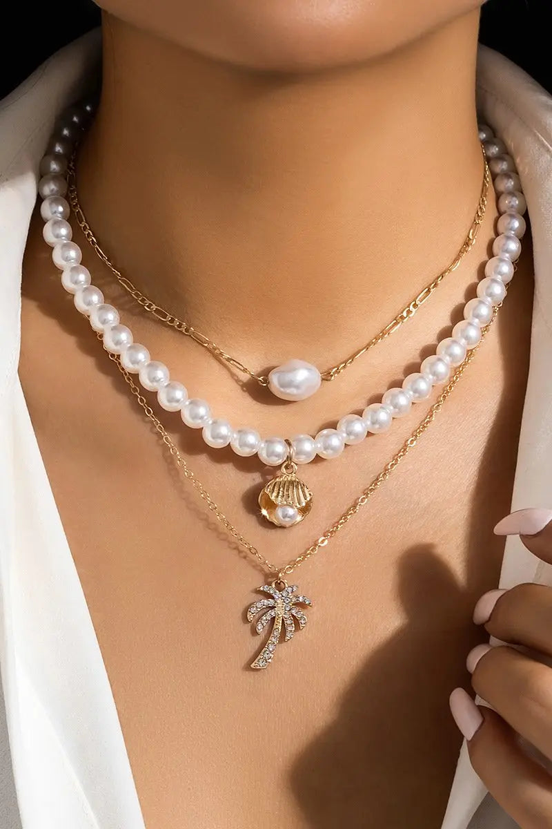 KATCH ME Gold Faux Pearl Coconut Tree Pendent Stacking Necklace Accessories 