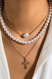 KATCH ME Gold Faux Pearl Cross Pendent Stacking Necklace Accessories 