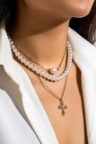 KATCH ME Gold Faux Pearl Cross Pendent Stacking Necklace Accessories 