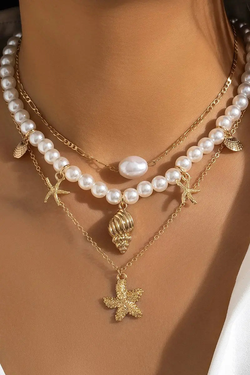 KATCH ME Gold Faux Pearl Starfish Pendent Stacking Necklace Accessories 