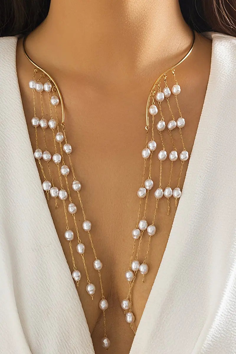 KATCH ME Gold Pearl Tassels Open Necklace Accessories 
