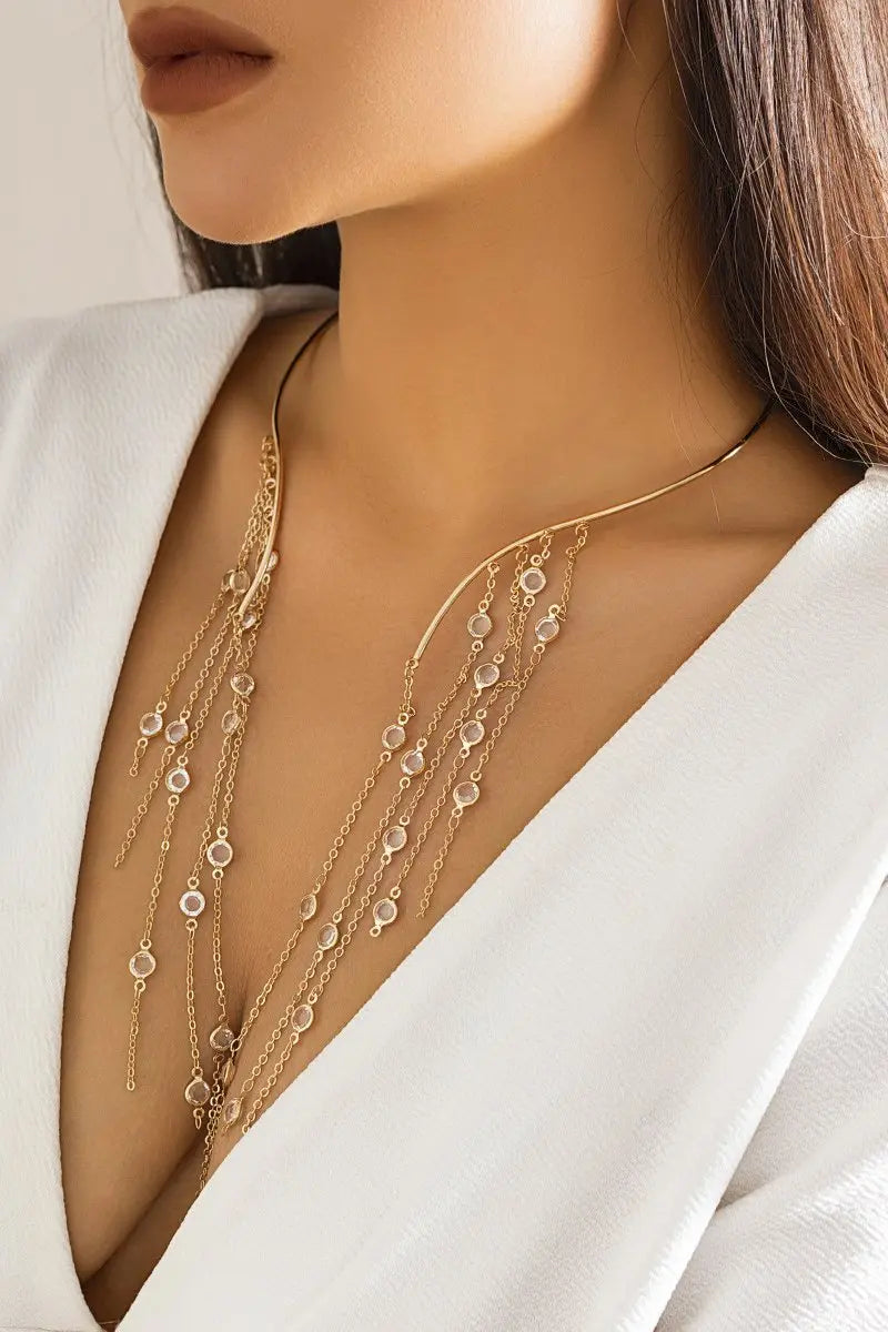KATCH ME Gold Rhinestone Tassels Open Necklace Accessories 