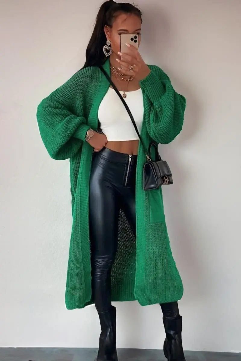 KATCH ME Green Casual Knit Puff Sleeve Loose Cardigan Coat 29.99