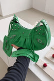 Green PU Cago City Rivet Buckle Adjustable Ruched Shoulder Bag