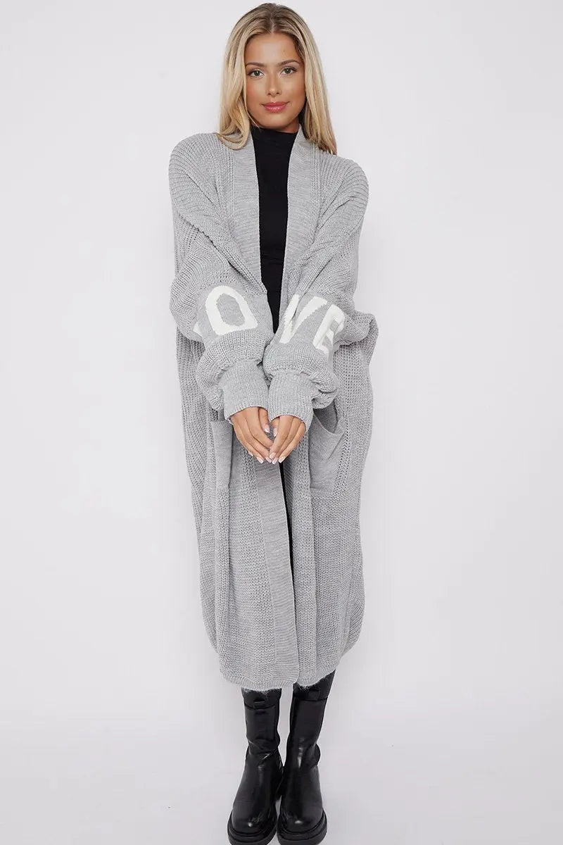 KATCH ME Grey Casual Knit LOVE Print Drop Shoulder Open-Front Long Cardigan Coat 29.99