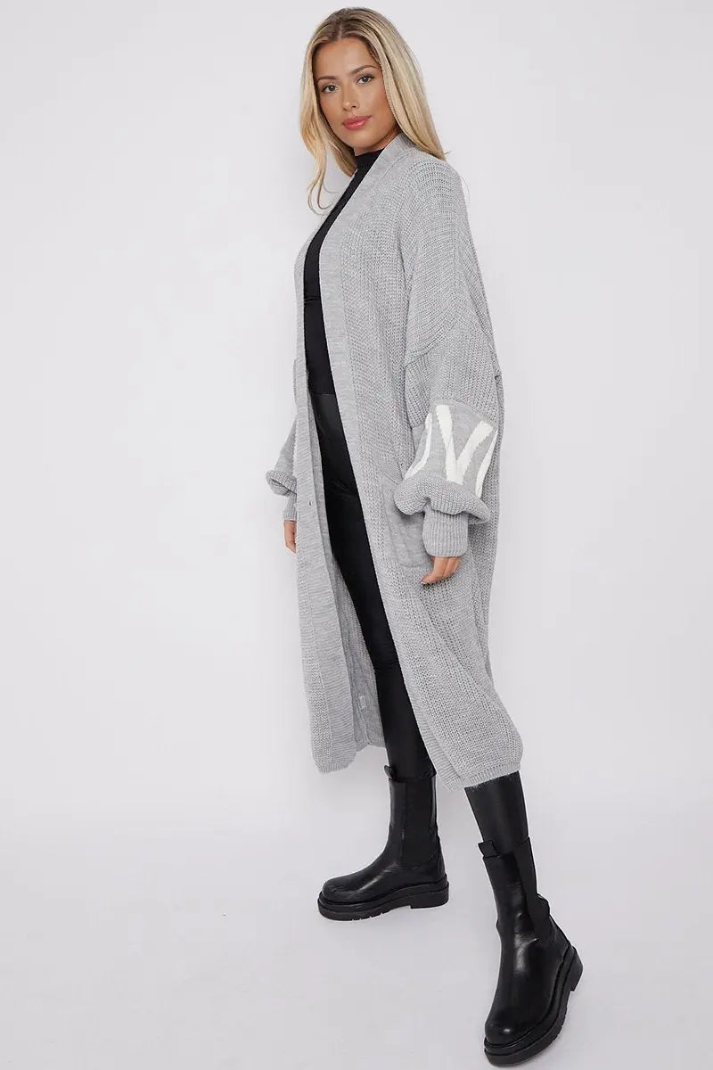 KATCH ME Grey Casual Knit LOVE Print Drop Shoulder Open-Front Long Cardigan Coat