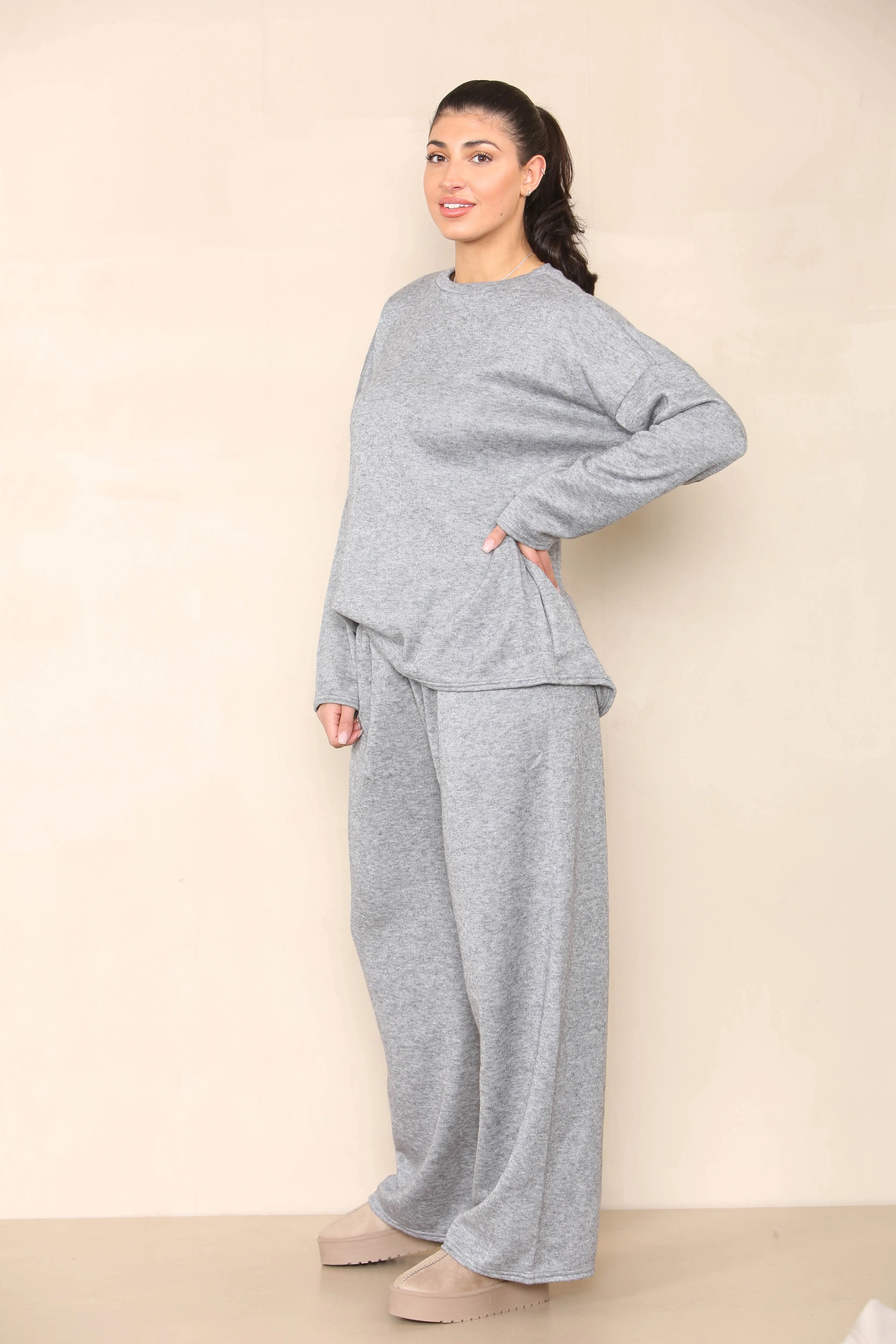 KATCH ME Grey Casual Long Sleeve Top & Wide Leg Pants Co-ord Co-ord