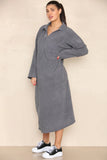 KATCH ME Grey Casual Loungewear V Neck Lapel Corduroy Long Sleeve Loose Dress Dress