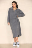 Grey Casual Loungewear V Neck Lapel Corduroy Long Sleeve Loose Dress