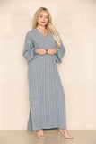 KATCH ME Grey Casual V Neck Knit Long Sleeve Slit Loose Sweater Dress Dress