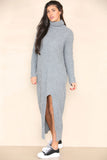 KATCH ME Grey Knit Stylish Versatile Roll Neck Textured Split Long Sleeve Maxi Dress Dress