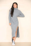 Grey Knit Stylish Roll Neck Textured Split Long Sleeve Maxi Dress