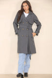 Grey Notch Lapel Double Breasted Belt Decor Trench Coat