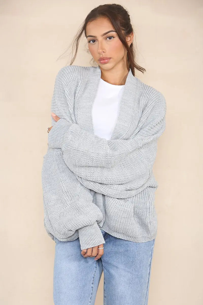 KATCH ME Grey Versatile Knit Drop Shoulder Sweater Cardigan Coat 
