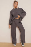 KATCH ME Grey Winter Casual Rib Scoop Neck Long Sleeve Top & Loose Pants Co-ord Co-ord