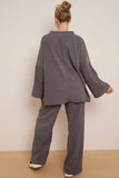 KATCH ME Grey Winter Casual Rib Scoop Neck Long Sleeve Top & Loose Pants Co-ord Co-ord