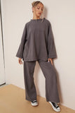 KATCH ME Grey Winter Casual Rib Scoop Neck Long Sleeve Top & Loose Pants Co-ord Co-ord