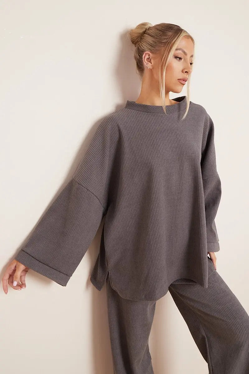 KATCH ME Grey Winter Casual Rib Scoop Neck Long Sleeve Top & Loose Pants Co-ord Co-ord