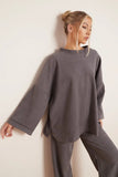 KATCH ME Grey Winter Casual Rib Scoop Neck Long Sleeve Top & Loose Pants Co-ord Co-ord