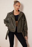 KATCH ME Khaki Belt Decor Zip-Up PU Biker Jacket Coat 