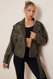 KATCH ME Khaki Belt Decor Zip-Up PU Biker Jacket Coat 