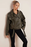 KATCH ME Khaki Belt Decor Zip-Up PU Biker Jacket Coat 