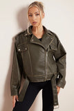 KATCH ME Khaki Belt Decor Zip-Up PU Biker Jacket Coat 