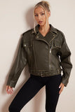 KATCH ME Khaki Belt Decor Zip-Up PU Biker Jacket Coat 