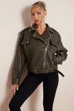 KATCH ME Khaki Belt Decor Zip-Up PU Biker Jacket Coat 