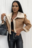 Khaki Biker Zipper Lamb Wool Drawstring Leather Jacket