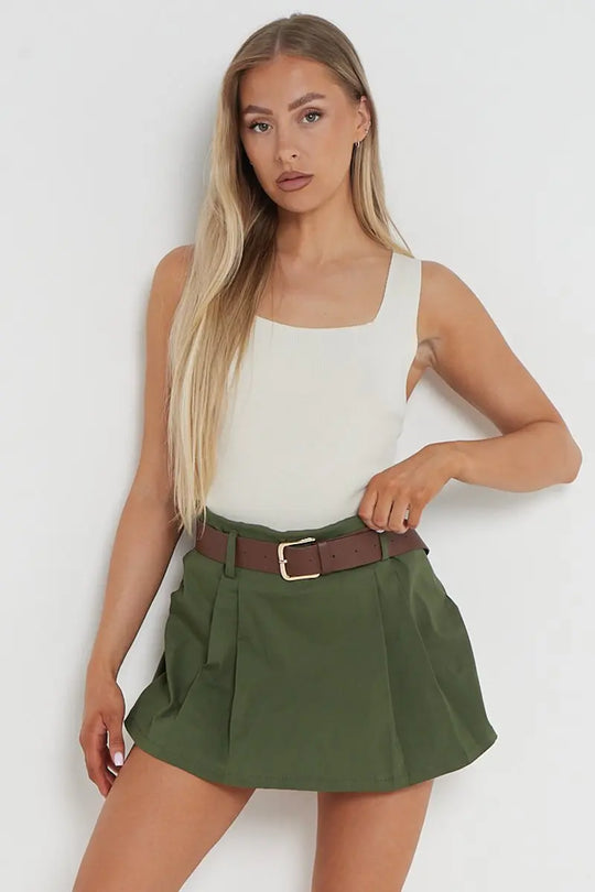 Casual Solid Color Ruched Belt Decor Skort
