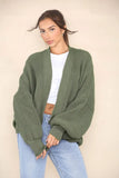 KATCH ME Khaki Casual Knit Puff Sleeve Sweater Cardigan Coat 