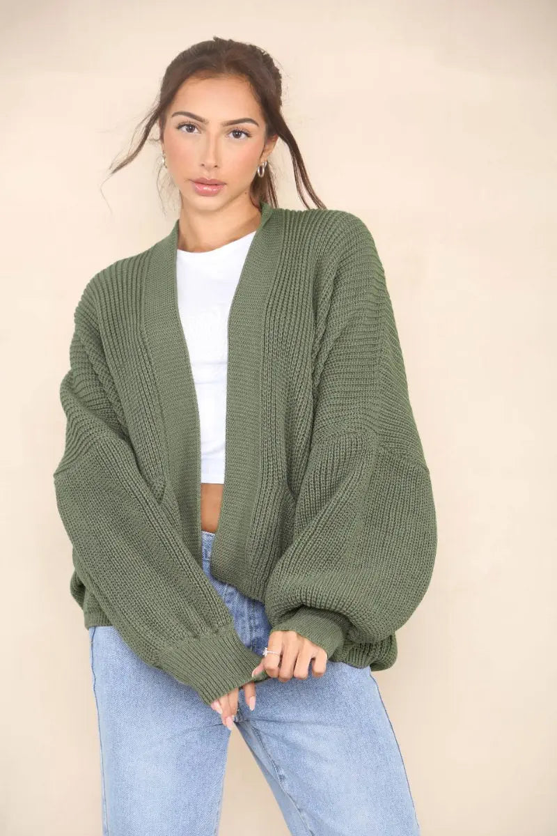 KATCH ME Khaki Casual Knit Puff Sleeve Sweater Cardigan Coat 