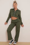 KATCH ME Khaki Lapel Zipper Crop Top & Cargo Pockets Trousers Co-ord Co-ord 