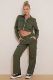 KATCH ME Khaki Lapel Zipper Crop Top & Cargo Pockets Trousers Co-ord Co-ord 
