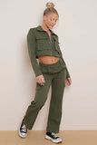KATCH ME Khaki Lapel Zipper Crop Top & Cargo Pockets Trousers Co-ord Co-ord 
