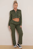 KATCH ME Khaki Lapel Zipper Crop Top & Cargo Pockets Trousers Co-ord Co-ord 
