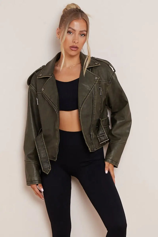 Vintage Zipper Belt Decor PU Biker Jacket