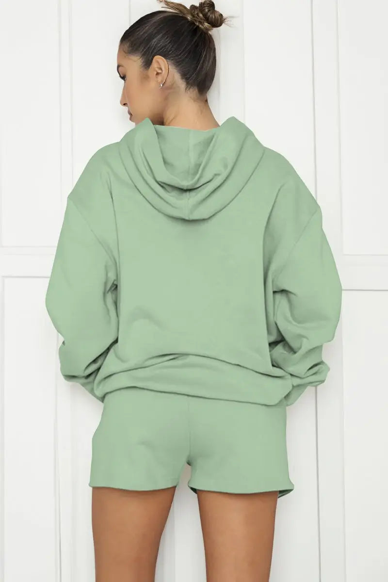 KATCH ME Light Green Casual Stretch Hoodie & Drawstring Shorts Co-ord Co-ord 