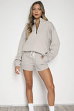 Light Grey Stand Collar Zipper Sweatshirt & Drawstring Shorts Co-ord