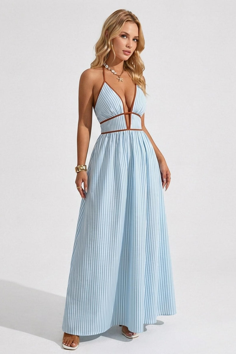 Katchme Lightweight Comfort Pinstripe Deep V Halter Maxi Dress - KATCH ME UK-Dress
