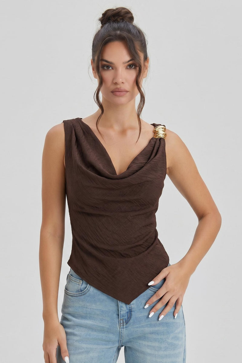 Katchme Lightweight Flowy Cowl Neck Metal Buckle Asymmetric Sleeveless Top - KATCH ME UK-Tops