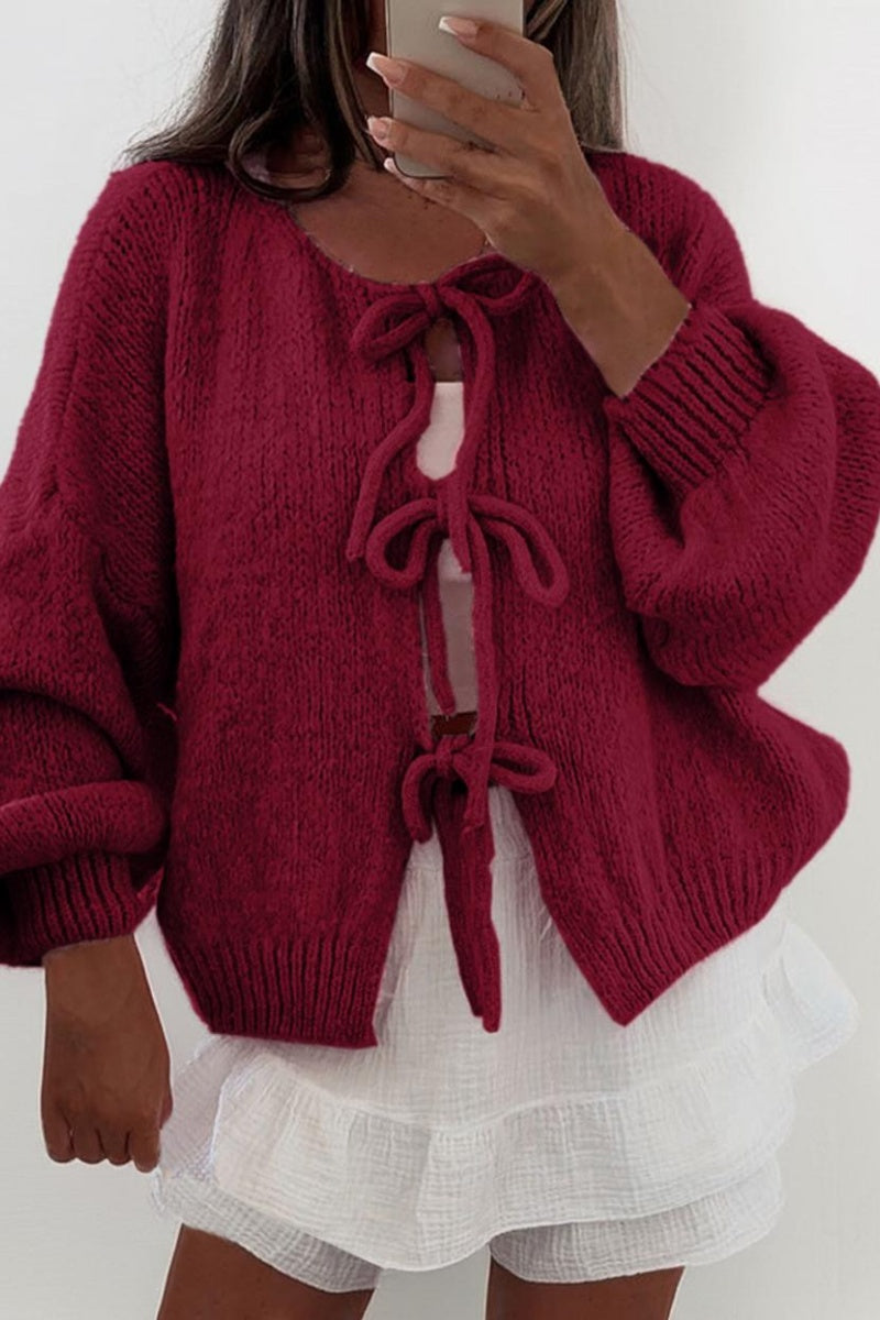 Katchme Lightweight Knit Solid Color Tie Front Drop Shoulder Long Sleeve Cardigan - KATCH ME UK-Tops
