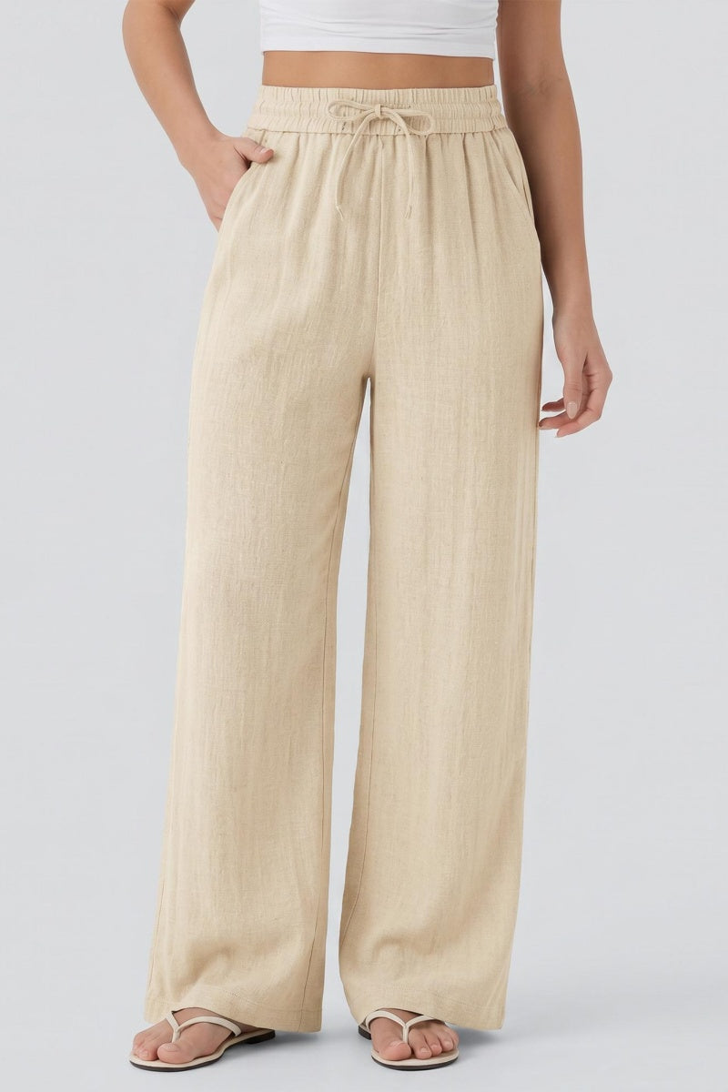 Katchme Lightweight Linen High Waist Drawstring Wide Leg Trousers - KATCH ME UK-Trousers