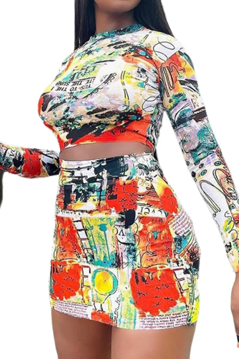 KATCH ME Multi-colored Abstract Print Long Sleeve Top & Skirt Co-ord Co-ord 