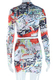 KATCH ME Multi-colored Abstract Print Long Sleeve Top & Skirt Co-ord Co-ord 