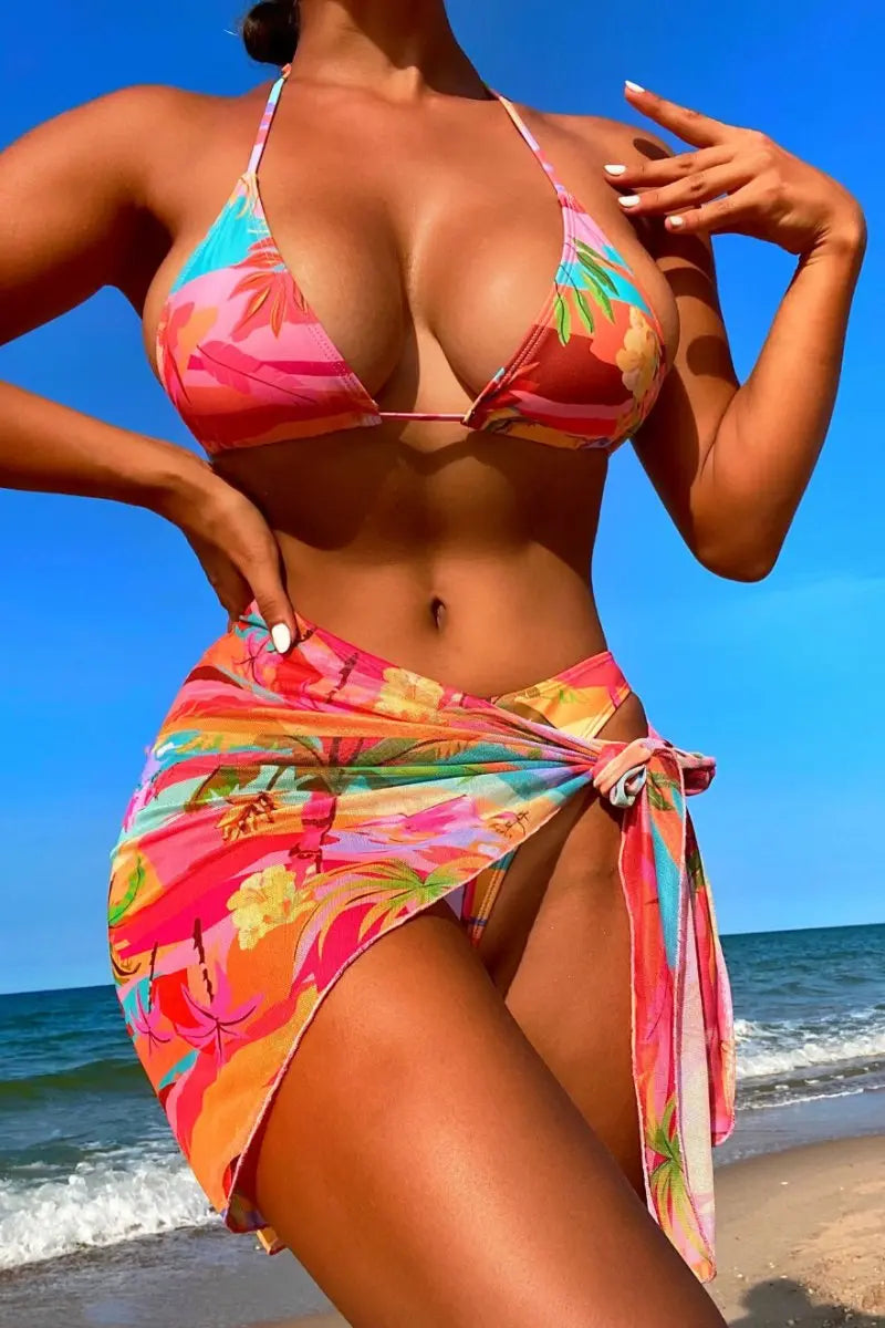 KATCH ME Multi-colored Print Halter Neck Bikini 3 Pieces Set Swimsuit 
