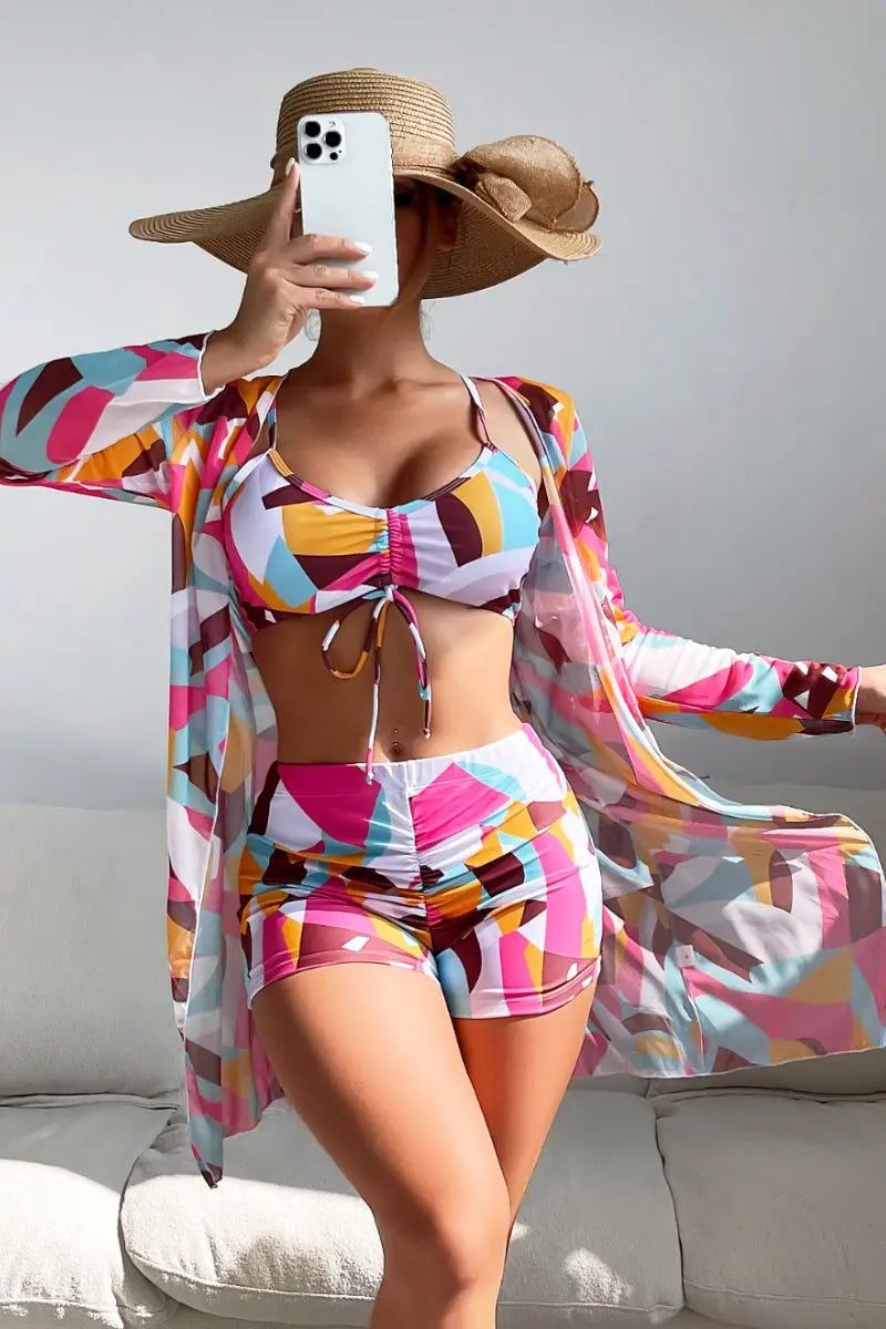 KATCH ME Multi-colored Print Long-sleeved Bikini 3 Pieces Set Swimwear 