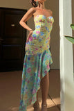KATCH ME Multi-colored V Neck Floral Print Ruched Ruffle Hem Dress Dress 
